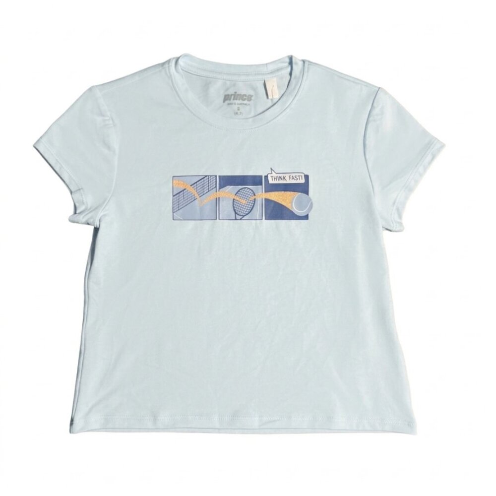 Prince Girls Tennis T-Shirt Graphic Tee "Think Fast" Dove Blue Small 8-9 NWT